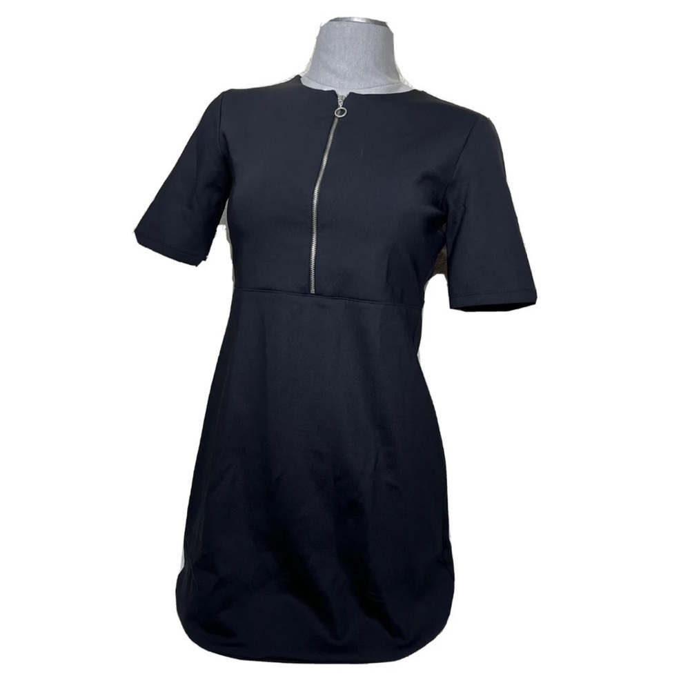🔴 5 for $25! Zara Mini Dress Scuba Zip Front Black Short Sleeve Stretch Medium